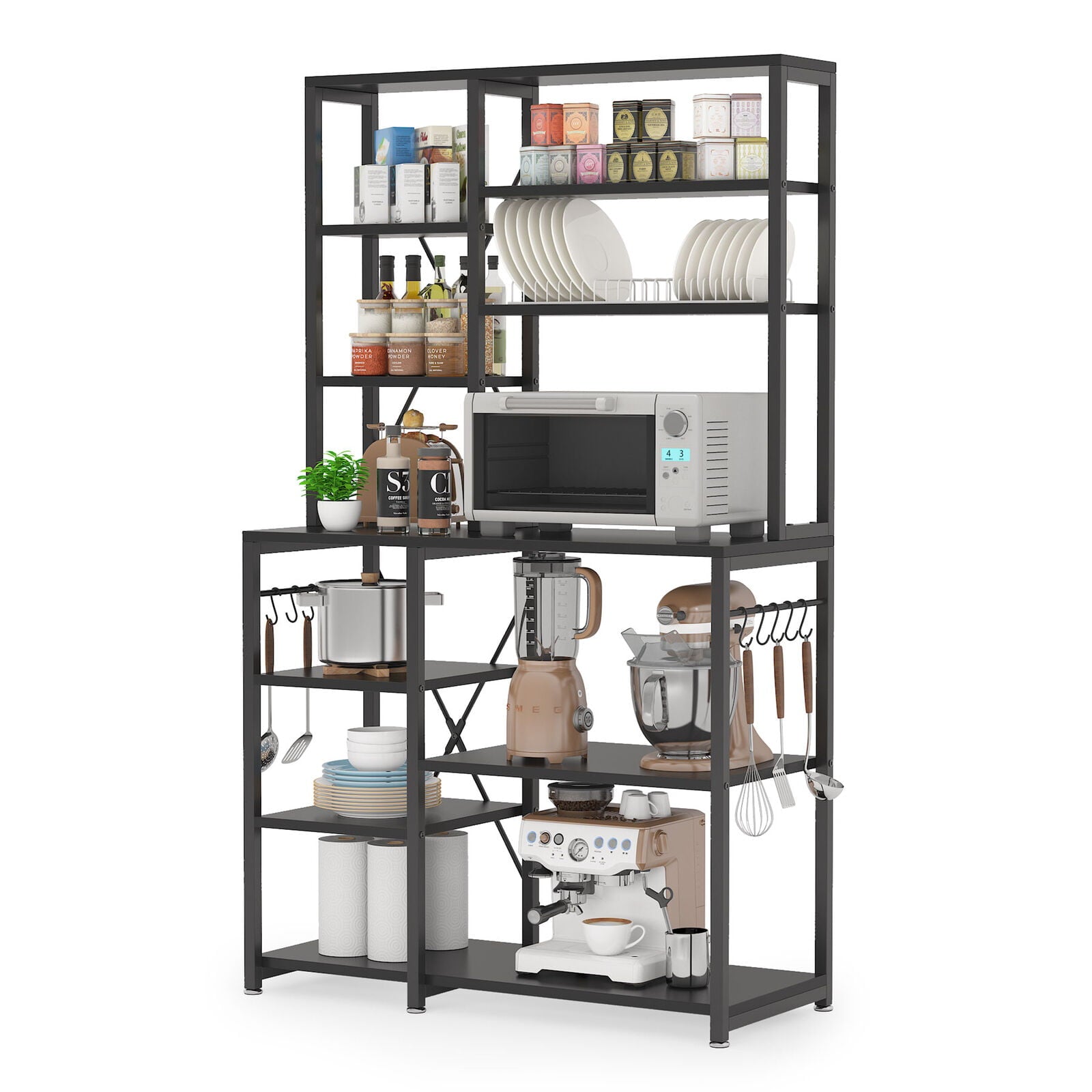 Tribesigns Kitchen Bakers Rack with Hutch， Black Microwave Oven Stand Industrial Storage Shelf