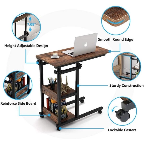 Height Adjustable C Table with Storage Shelves and Wheels， Mobile Sofa Side Table End Table Snack Table