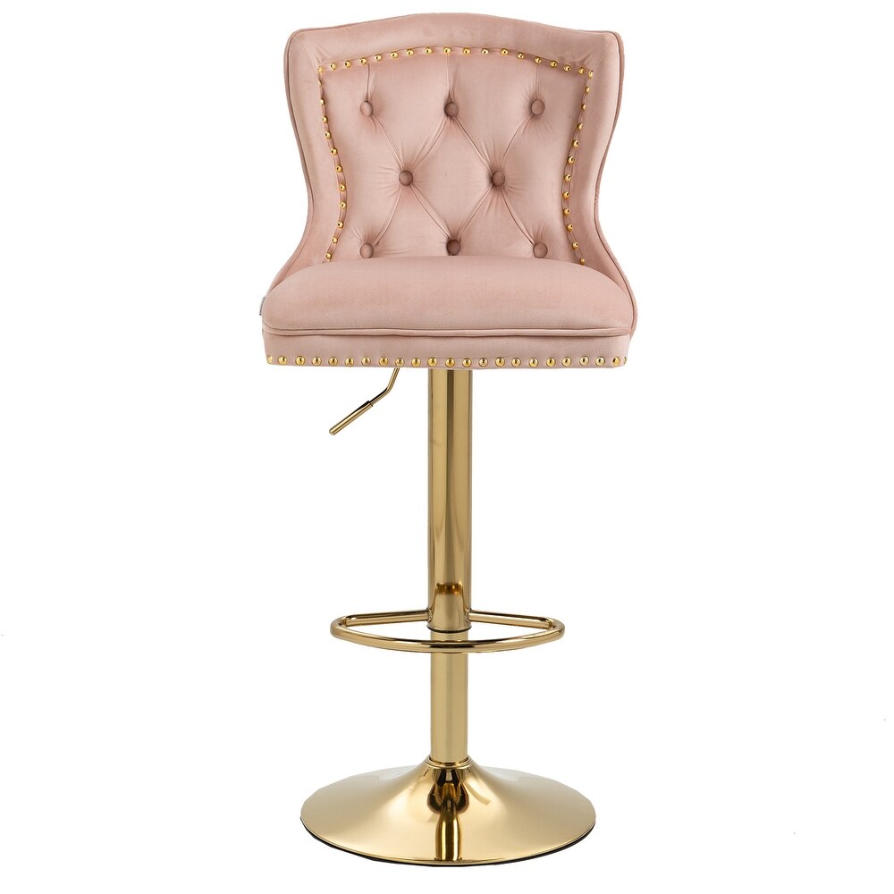 Velvet Upholstered Tufted Swivel Adjustable Height Bar Stools With Golden Footrest(set of 2)