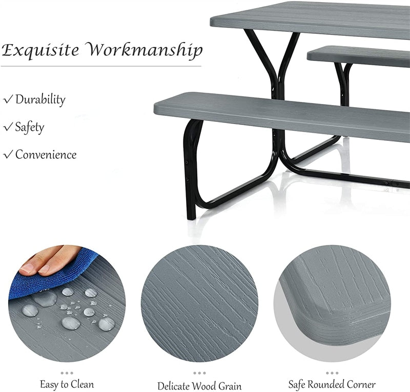 Outdoor Picnic Table Bench Set All-Weather Camping Dining Table Set with Metal Base