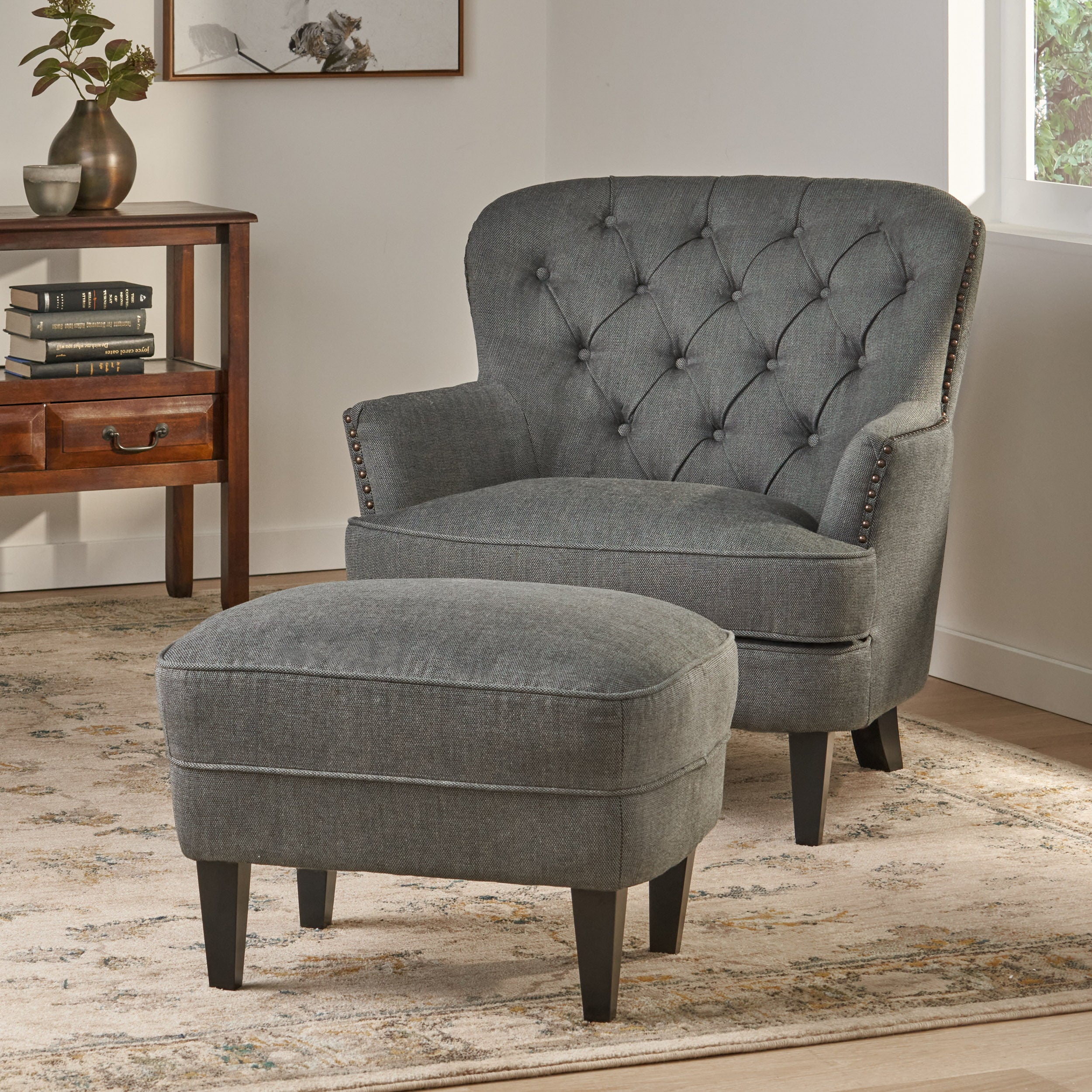 Noble House Torrin Grey Fabric Club Chair and Ottoman