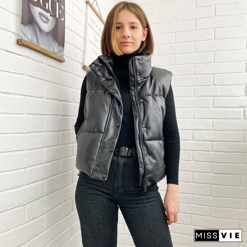 New Autumn Winter Women Black Sleeveless Faux Leather Jacket Casual Zipper Solid Coat Female Warm Cotton Outwear Tops Ladie