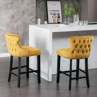 26.7 in. Gold Wing Back Wood Bar Stool Tufted Upholstered Velvet Counter Stools (Set of 2) FY-W114366435