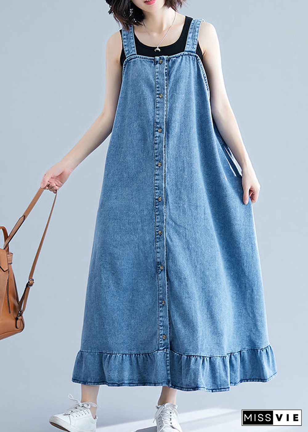 French Blue Ruffles Button Cotton Denim Strap Dress Summer