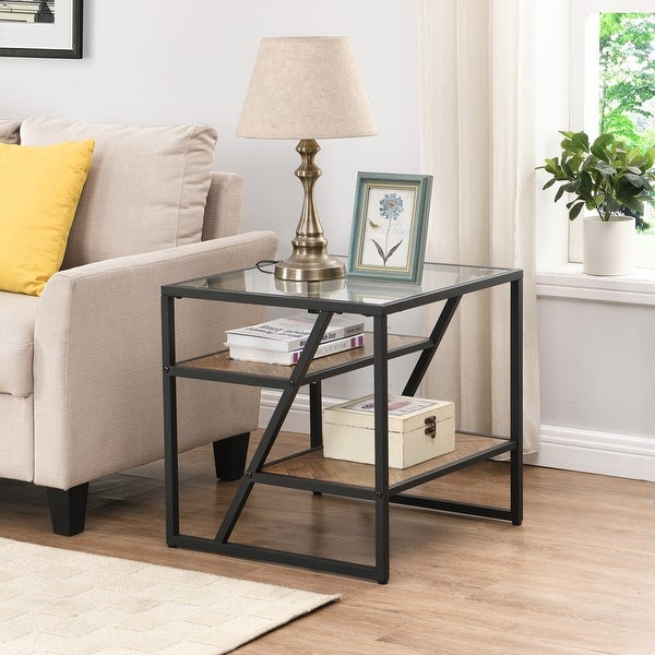 Side Table， End Table with Storage Shelf， Tempered Glass Coffee Table with Metal Frame