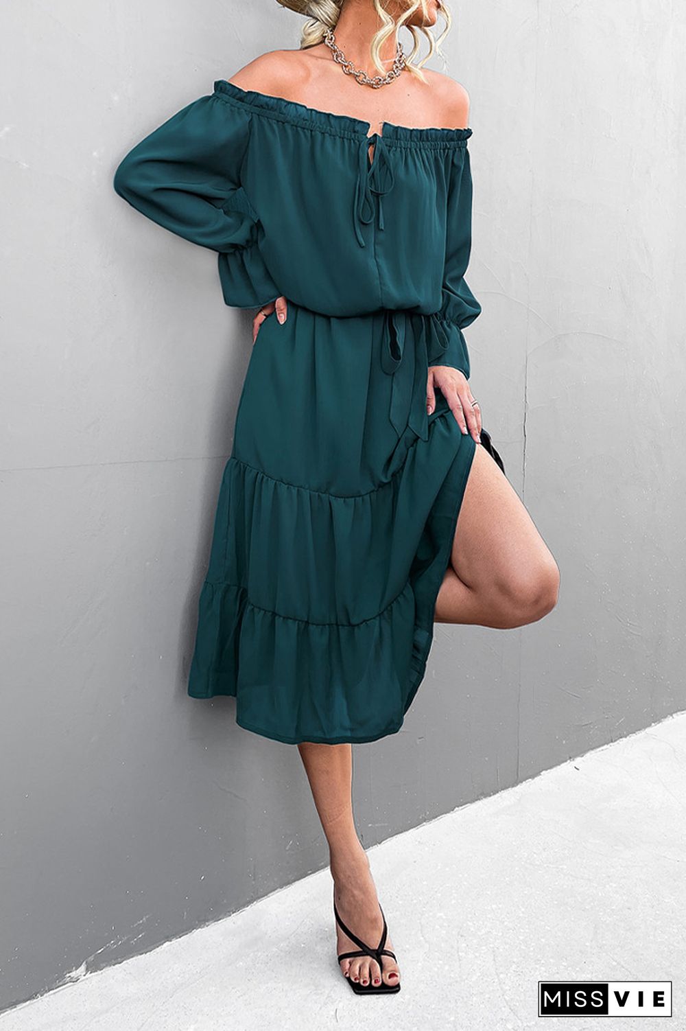 Solid Color Off Shoulder Ruffle Long Sleeves Dress Wholesale