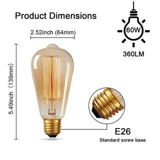 YANSUN 60-Watt Equivalent Vintage ST64 Dimmable E26 Base Incandescent Edison Light Bulb 2700K (6-Pack) H-WS004ZW60E26-6