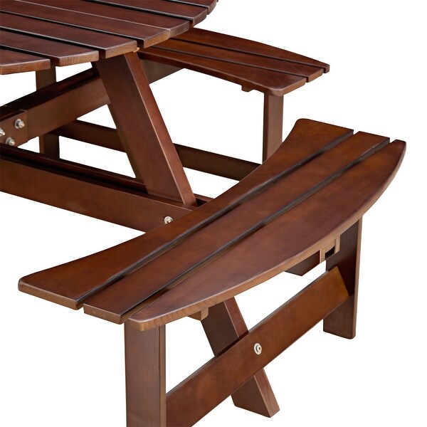 Outdoor Round Wood Picnic Table with 4 BuiltIn Benches，Umbrella Hole