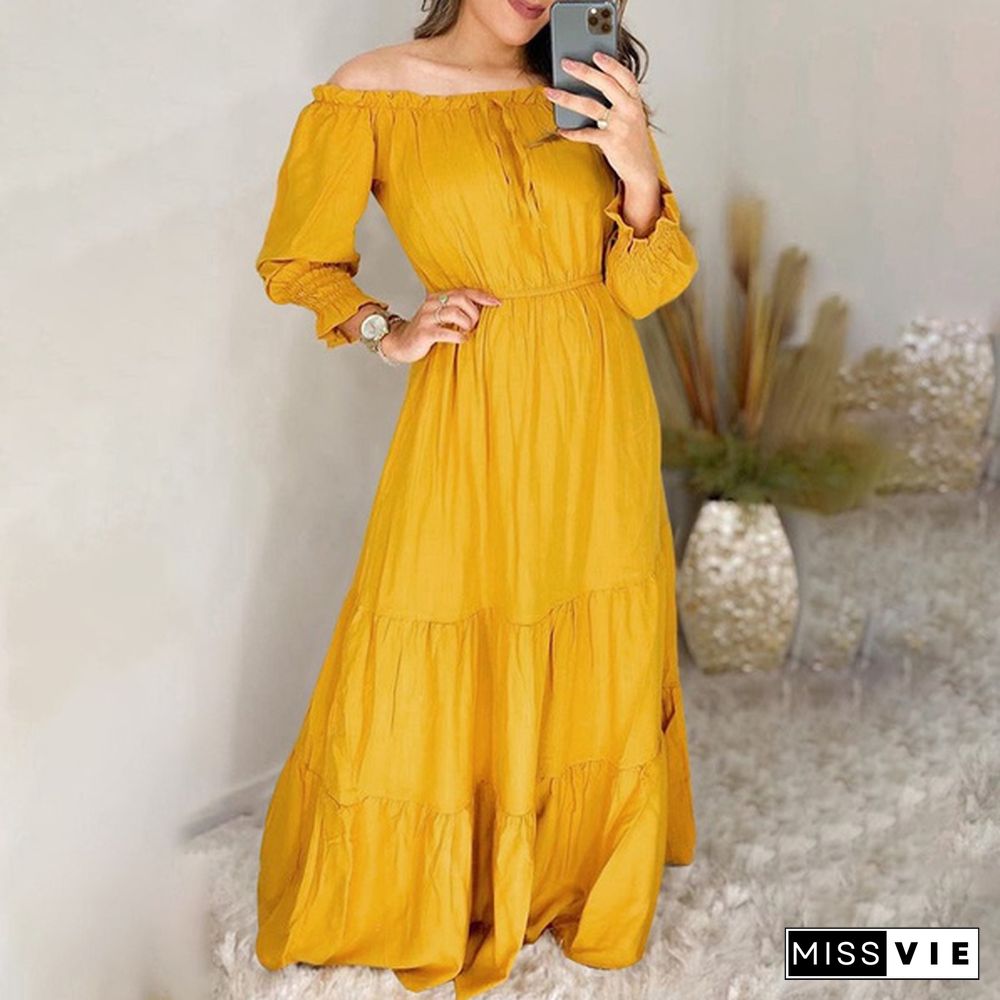 Women Solid Color Half Sleeve Sexy Off Shoulder Maxi Dress Plus Size Holiday Party Dress High Waist Pleated Long Dress Vestidos