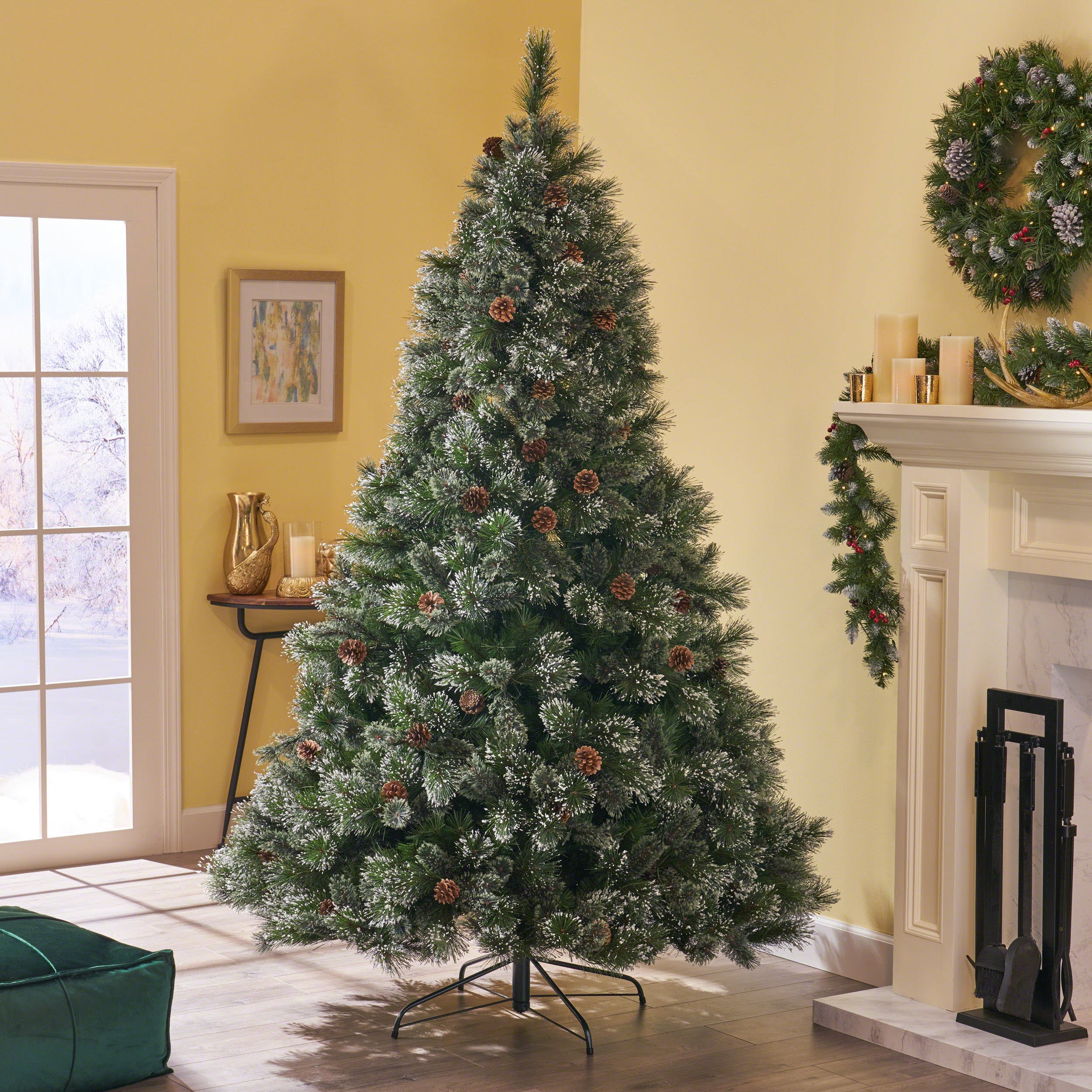 7.5-foot Cashmere Pine and Mixed Needles Hinged Artificial Christmas Tree with Snowy Branches and Pinecones