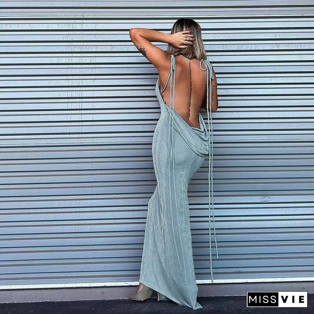 Backless Maxi Dress Sexy Orange Spaghetti Strap Bodycon DressFor Women Long Club Party Beach Dress Summer Blue Outfits 21058