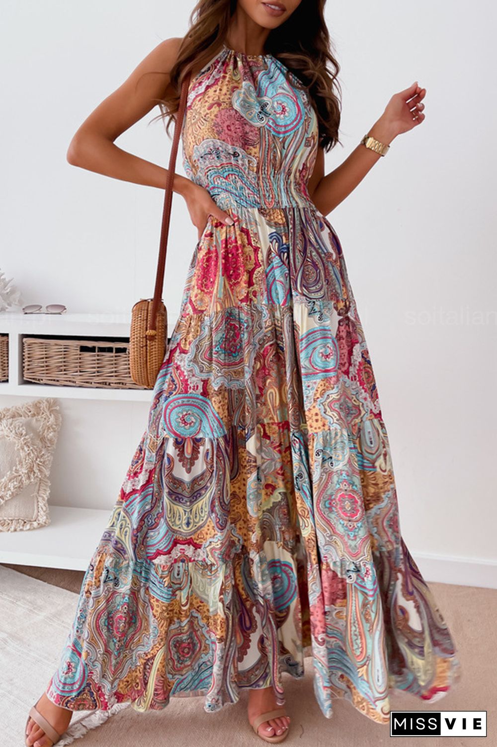 Fashion Print Split Joint Halter Waist Skirt Dresses