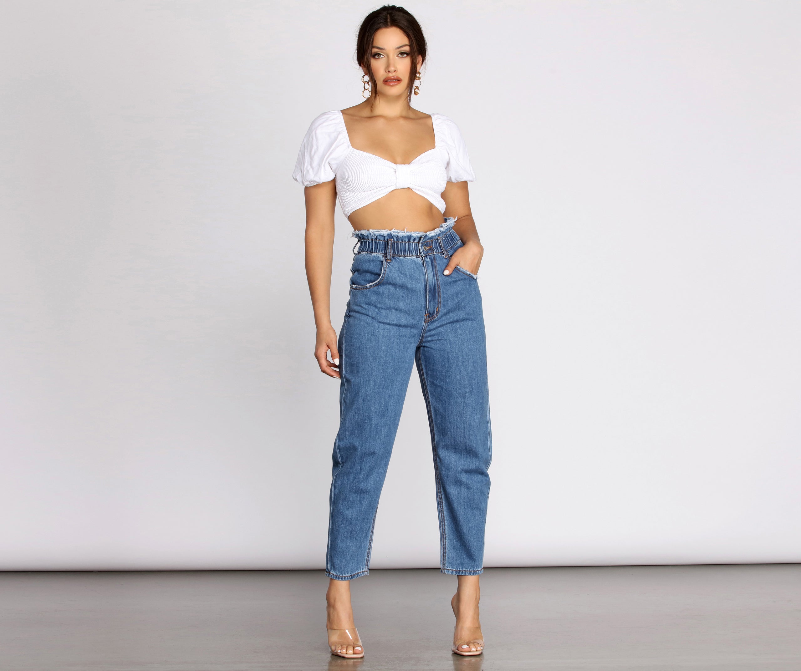 High Rise Paper Bag Waist Denim Pants