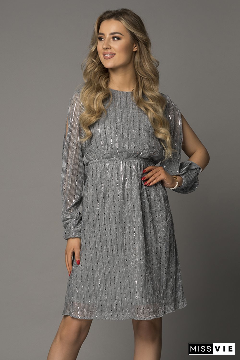 Gray Sequin Split Sleeve Midi Dress