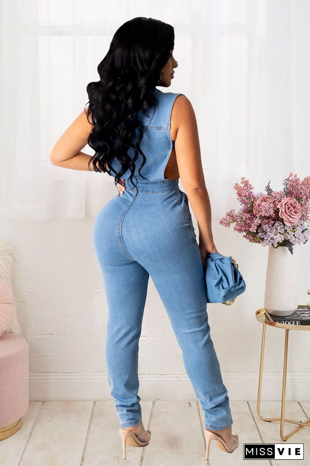 Plus Size Solid Sleeveless Side Hollow Out Button Up High Waist Bodycon Summer Denim Women Jumpsuits