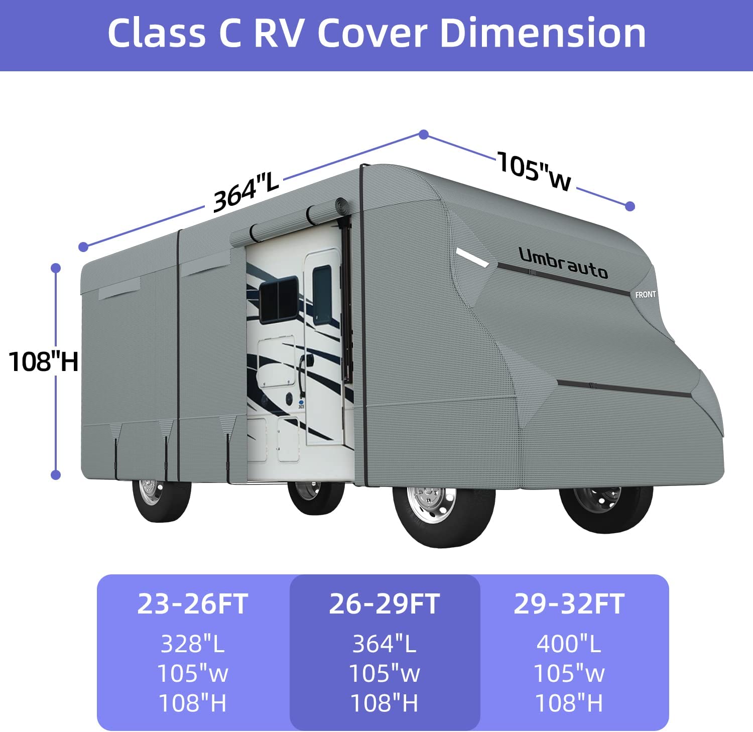 Umbrauto RV Cover Class C 2022 Upgraded 6 Layers Anti-UV Top Panel Motorhome Cover Windproof Camper Cover for 26' to 29' Motorhome with 2Pcs Extra Straps， Adhesive Repair Patches， 6 Gutter Covers