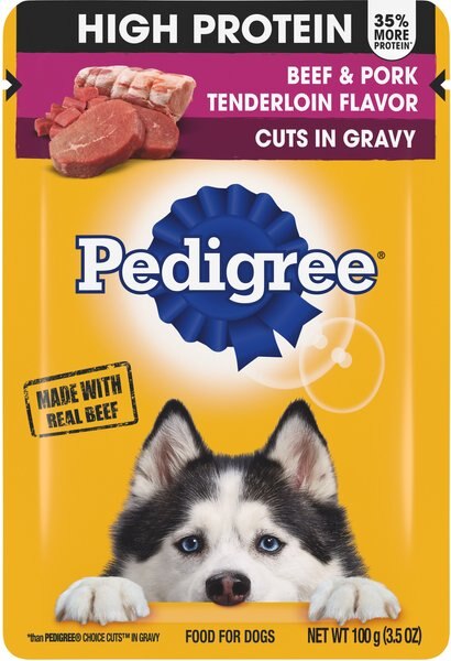 Pedigree High Protein Beef and Pork Tenderloin Flavor Cuts in Gravy Dog Wet Food Pouches， 3.5-oz. pouches， 16 count