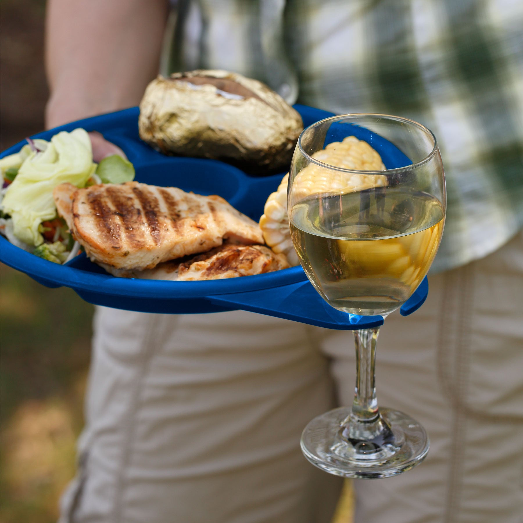 Coghlan's 10” Reusable Blue Picnic Plate with Wine Glass Holder, Dividers