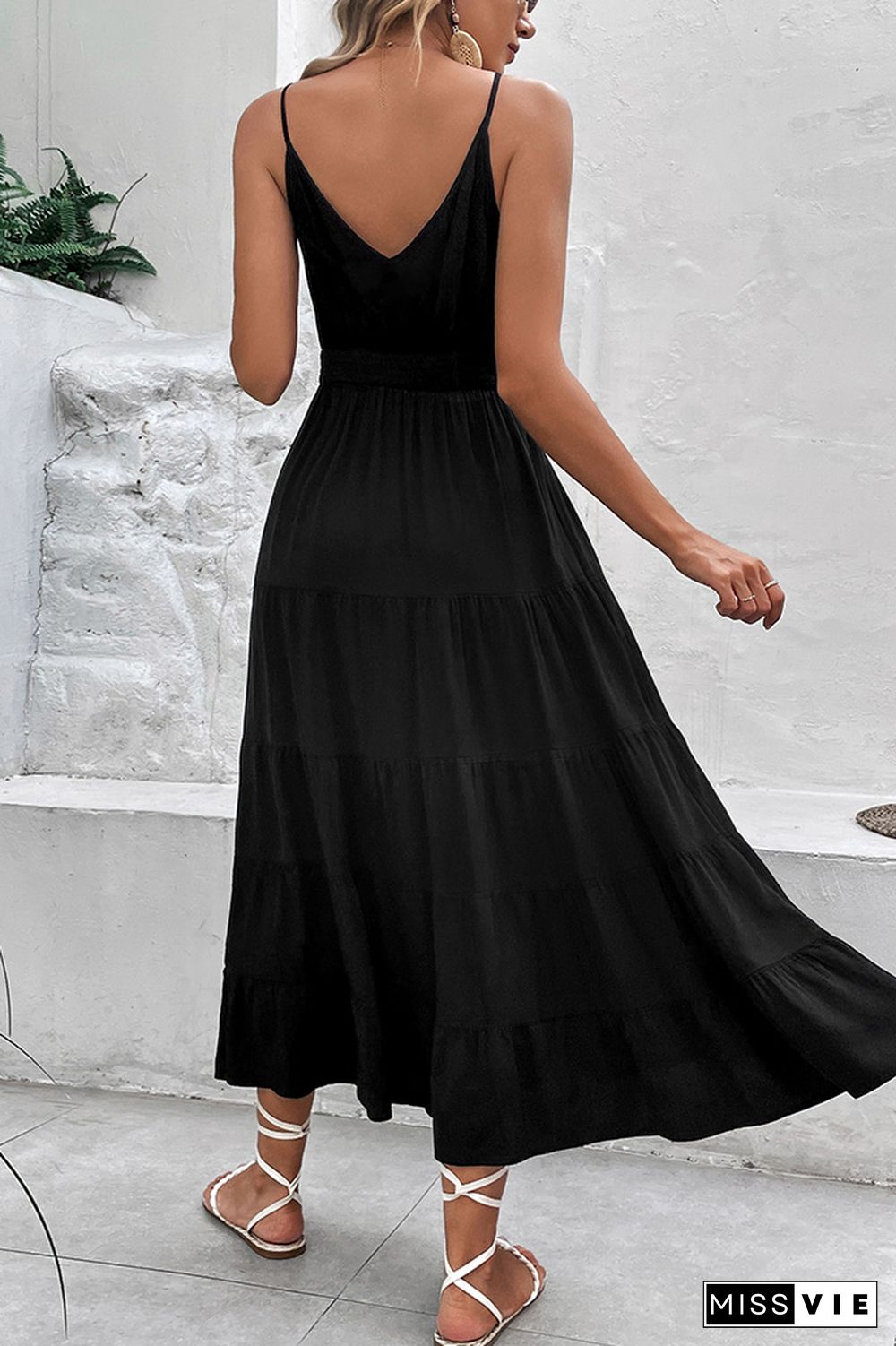 Black V Neck Buttoned Smocked Waist Maxi Dress