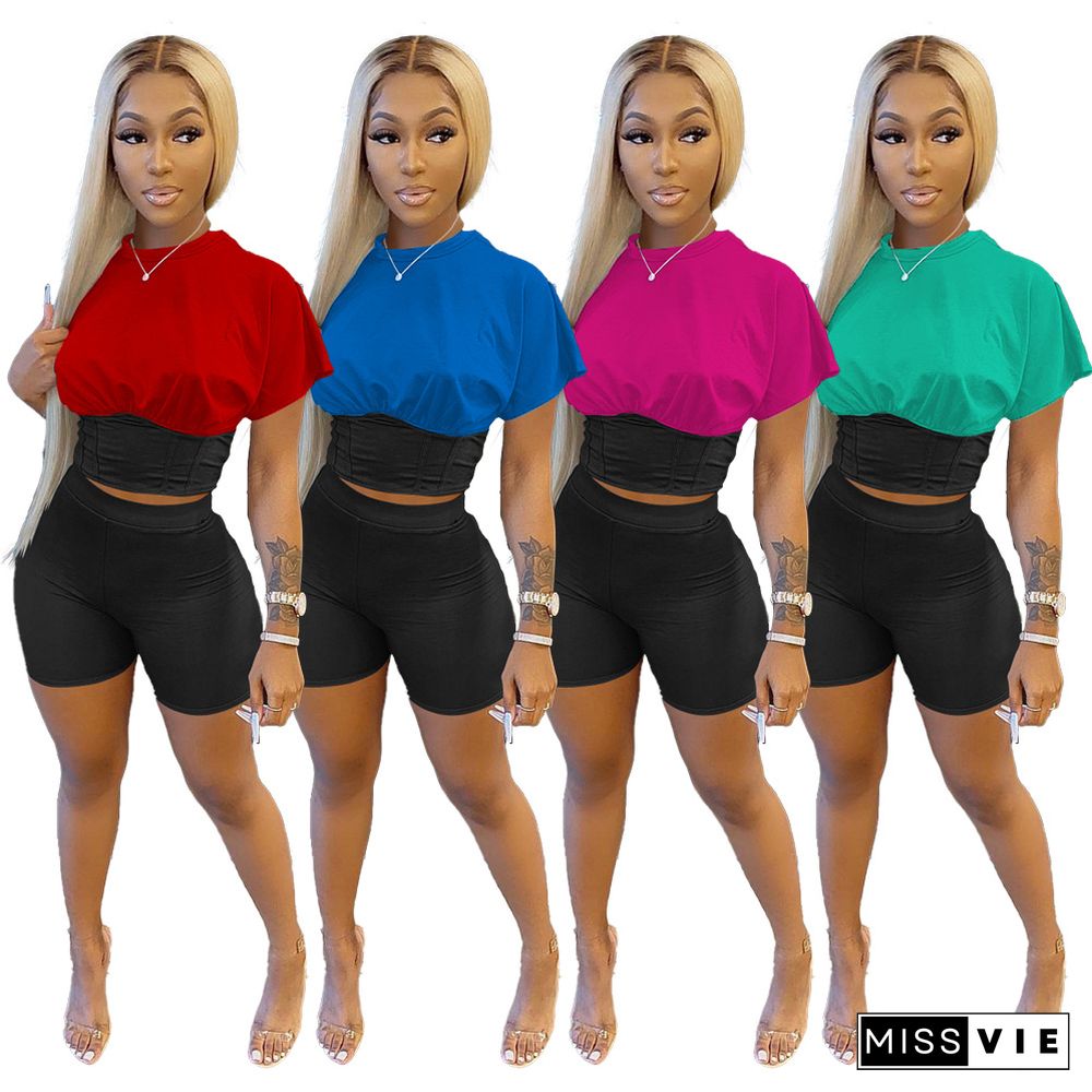 Fashion Color Patchwork Short Sleeve Tshirt Crop Top Shorts Women Fitness Sexy Jogger Summer 2 Piece Set