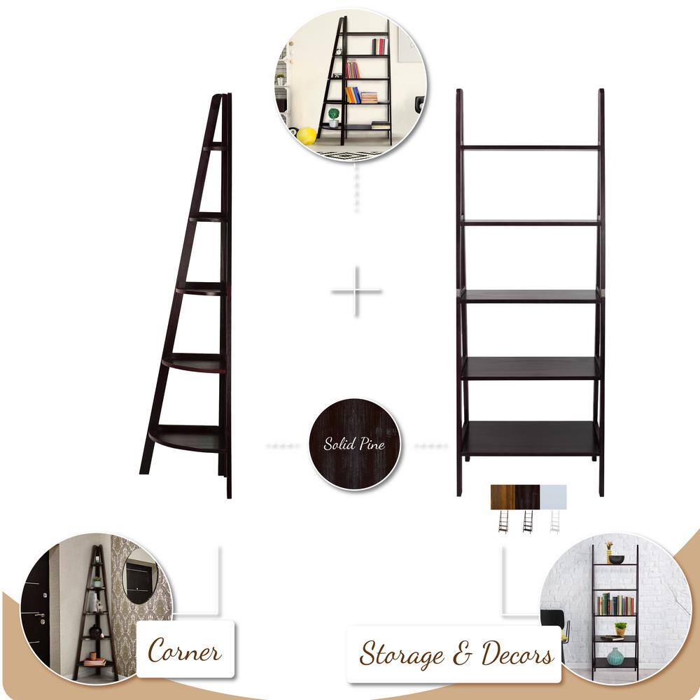 Casual Home 72 in. White New Wood 5-Shelf Ladder Bookcase with Open Back N176-51