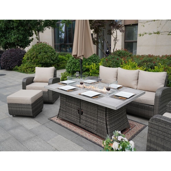 5Piece Wicker Patio Sofa Set with Gas Firepit And Ice Bucket by None