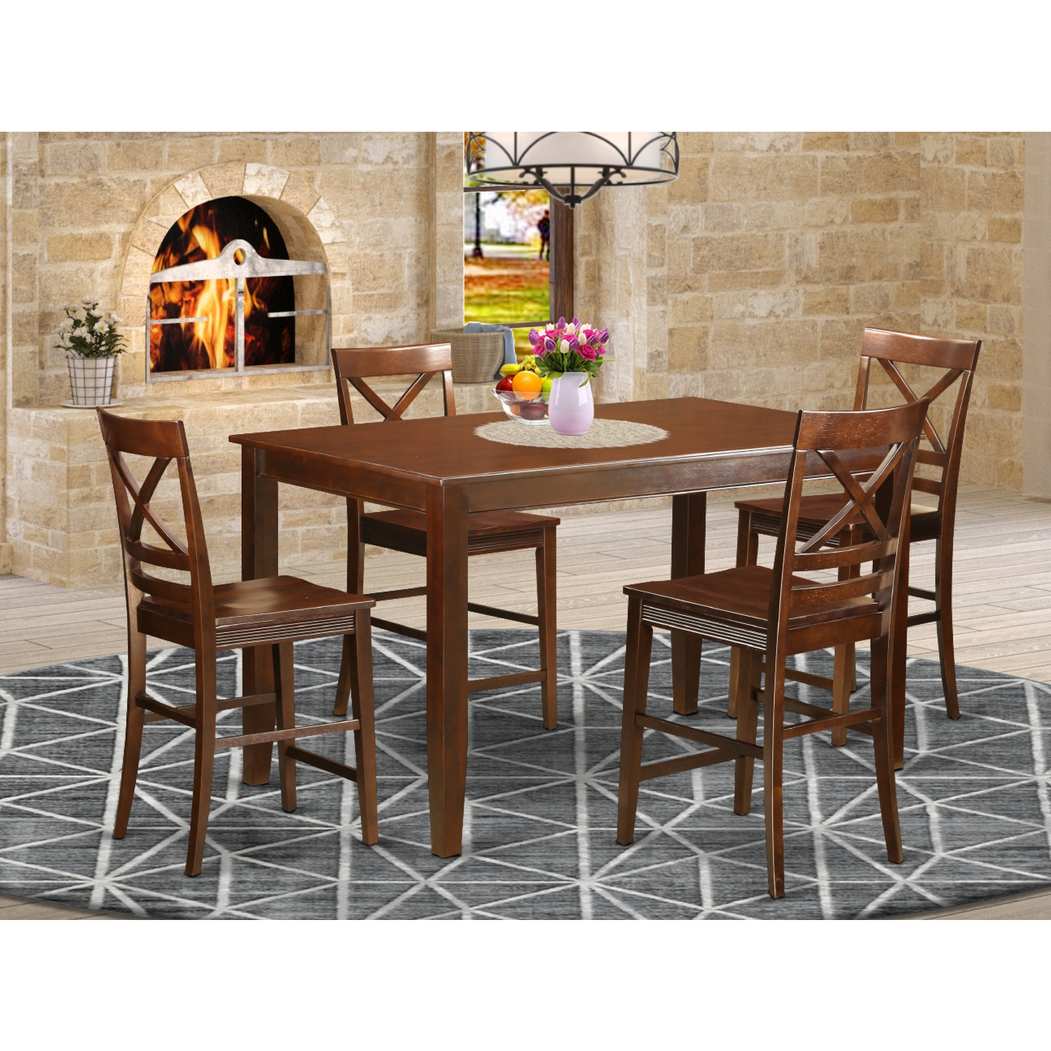 Dining Counter Height Set - High Top Table And Kitchen Bar Stool-Finish:Mahogany，Number of Items:5，Shape:Rectangular，Style:Wood Seat