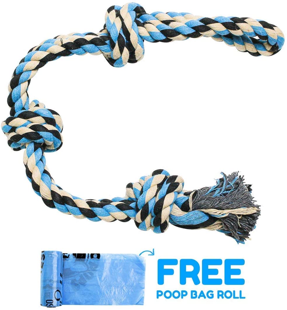 Pacific Pups Products Interactive Dog Toys， Blue， Tough Twisted Rope Toy with 3 Knots