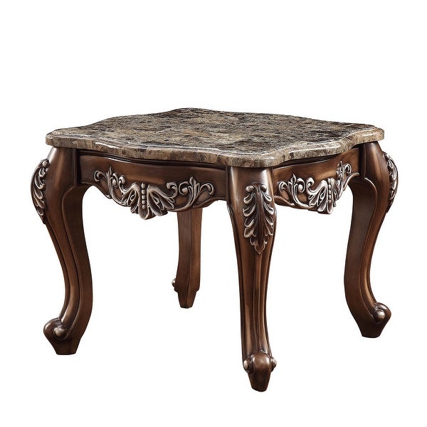 Square Marble Top End Table in Antique Oak Finish