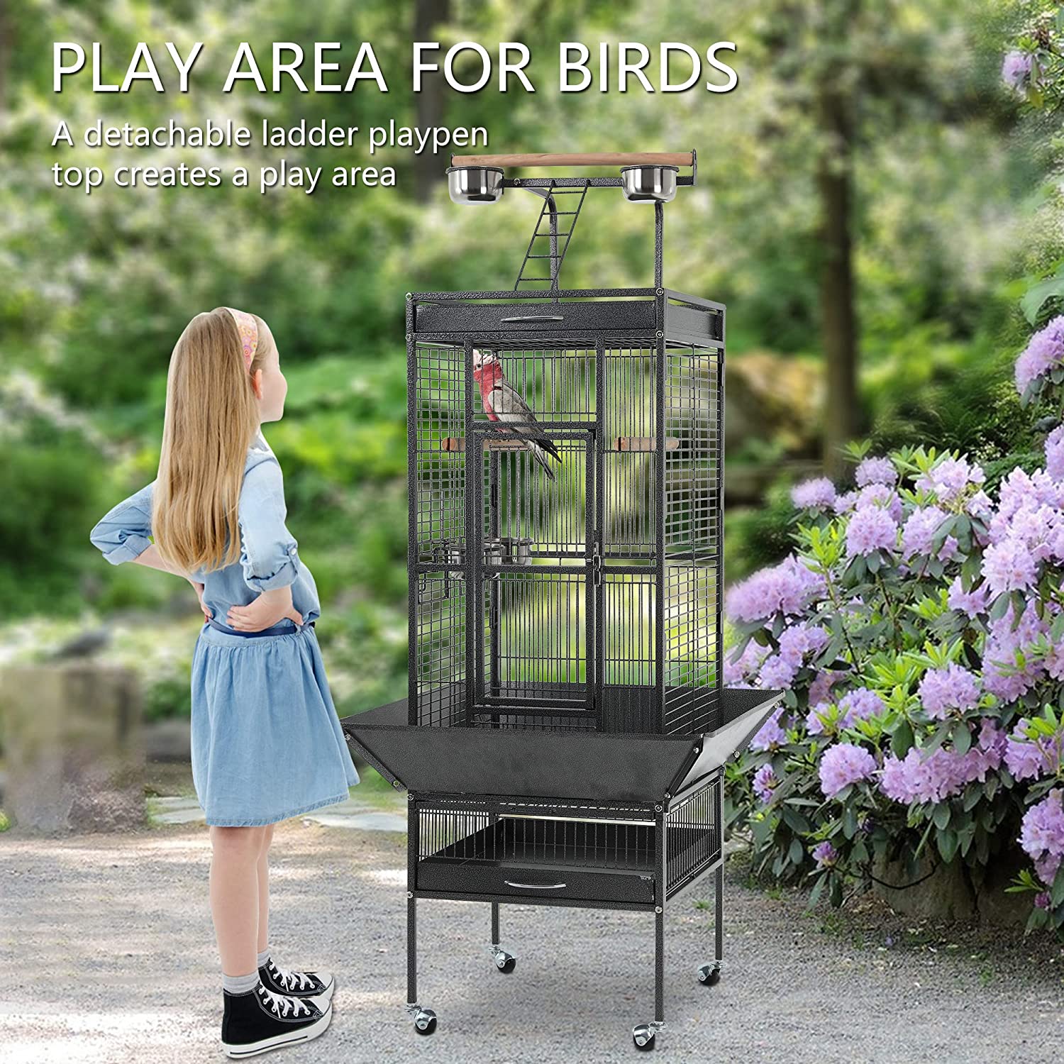 YRLLENSDAN 61-inch Wrought Iron Large Bird Cage with Play Top and Rolling Stand Parrot Cage Bird Cages， Black