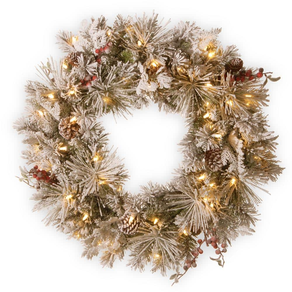  30 in. Artificial Snowy Bedford Pine Wreath with Battery Operated LED Lights SBE1-308-30WBC1