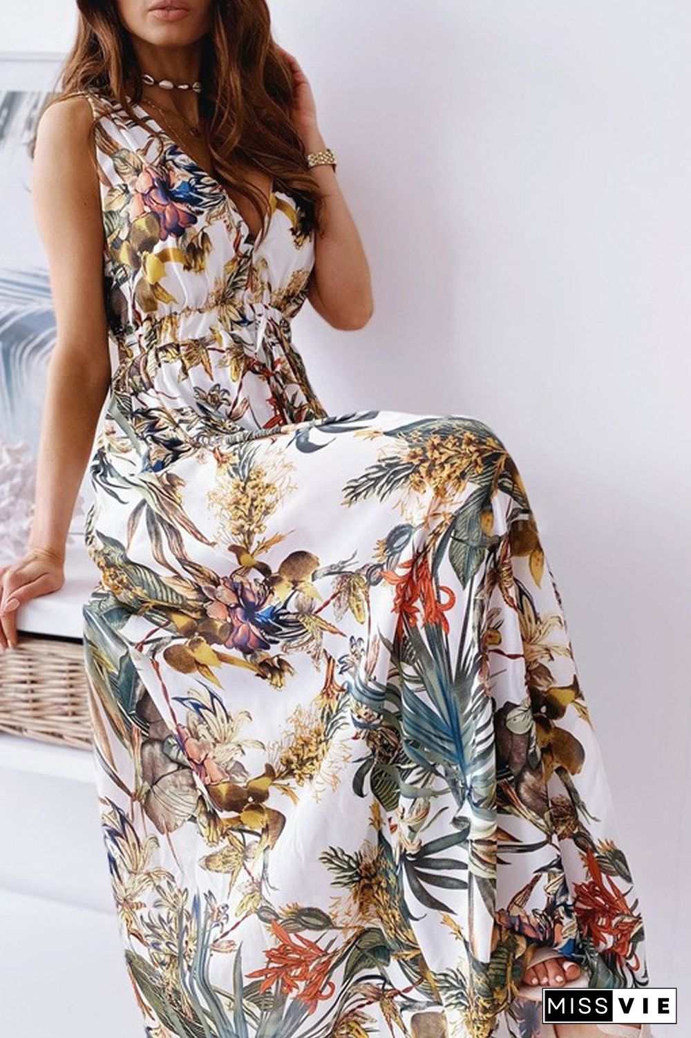 Lace-Up V-Neck Floral Sleeveless Dress