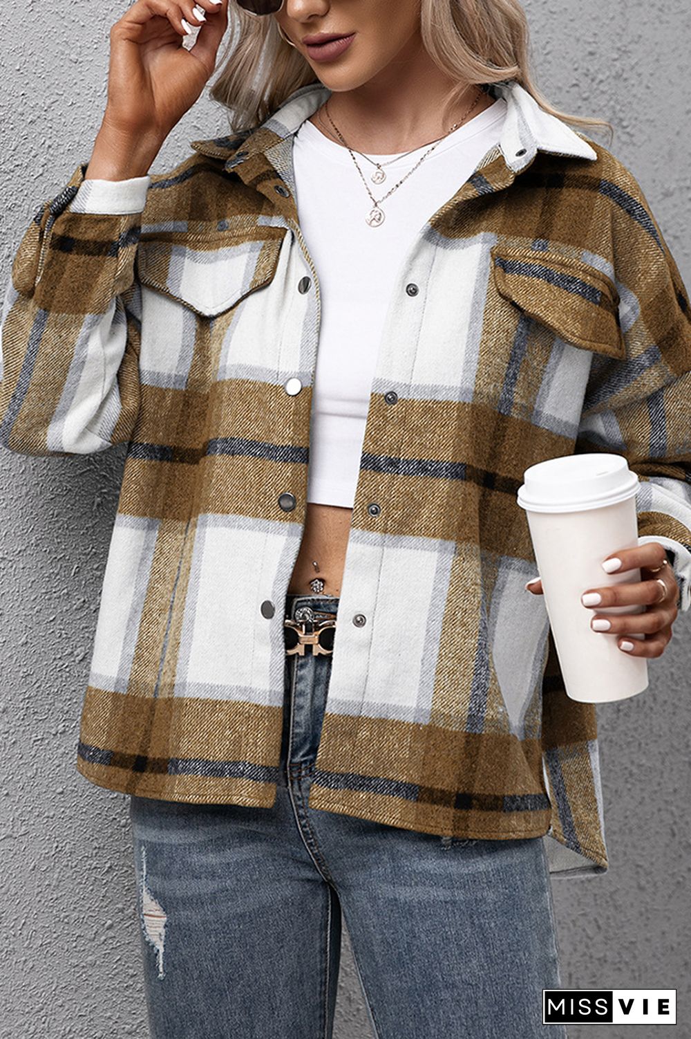 Plaid Turn Down Neck Button Down Shacket Jacket Women Wholesale