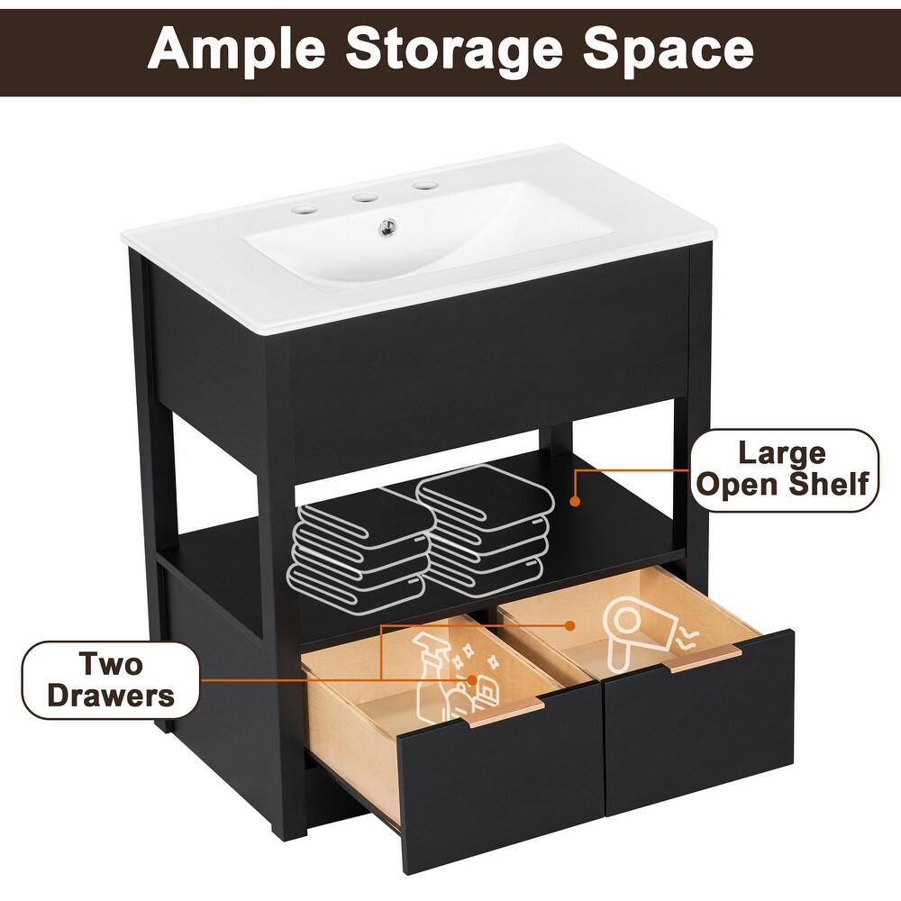 Multifunction Vanity with Ceramic Sink  Bathroom Sink Counter  Open Storage Shelf with 2 Drawers  Toilet Standing Cabinet  Black