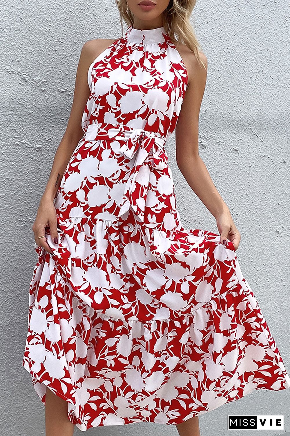 Halter Floral Print Sleeveless Long Split Dress Wholesale