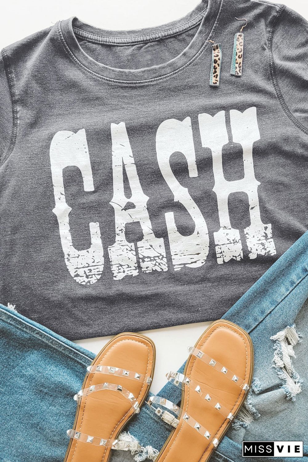 Gray Cash Letter Print Short Sleeve T Shirt