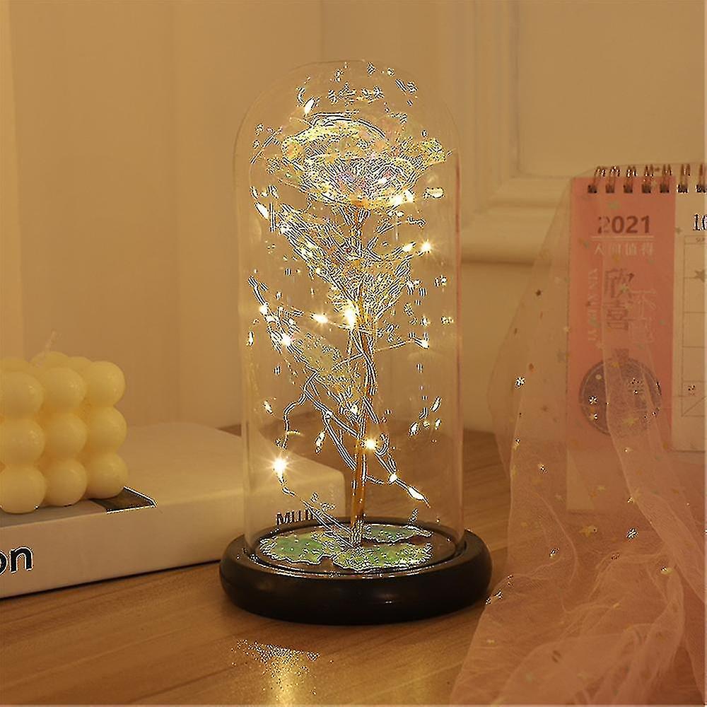 Gold Foil Preserved Rose Flower In Plastic Dome Cover With Led Light Valentine's Day Anniversary Gif