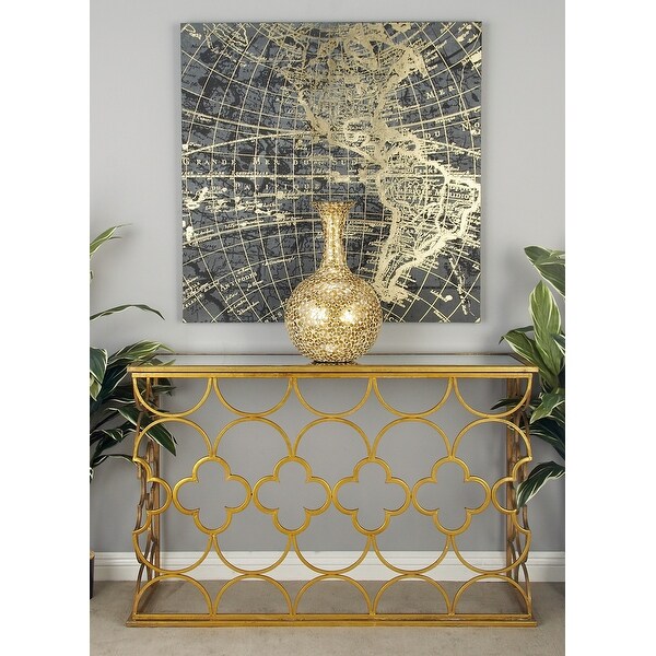 Gold Metal Quatrefoil Design Geometric with Glass Top Accent and Coffee Table Collection