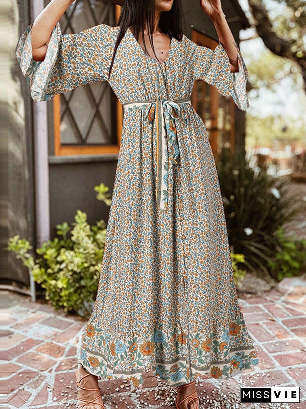 Bohemian Floral Print Belt Ruffle Sleeve Maxi Dress