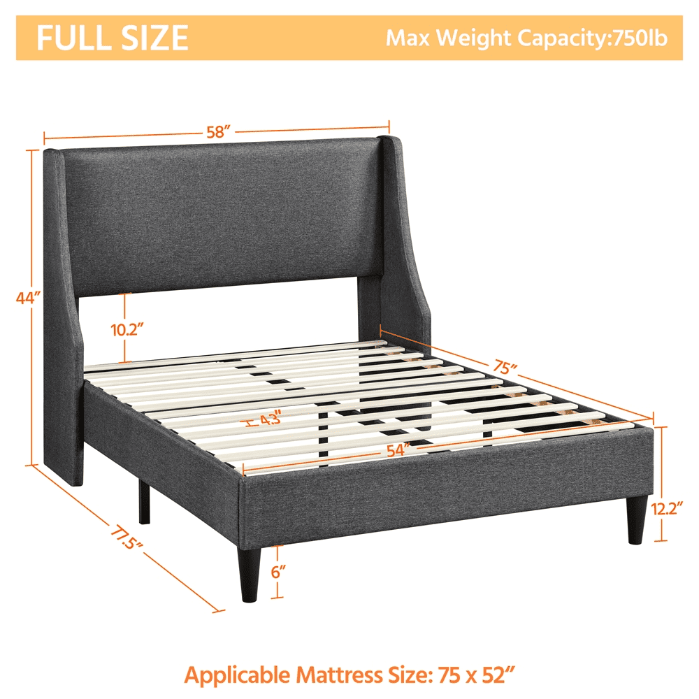 Easyfashion Upholstered Platform Bed Frame with Wingback Headboard, Dark Gray, Full