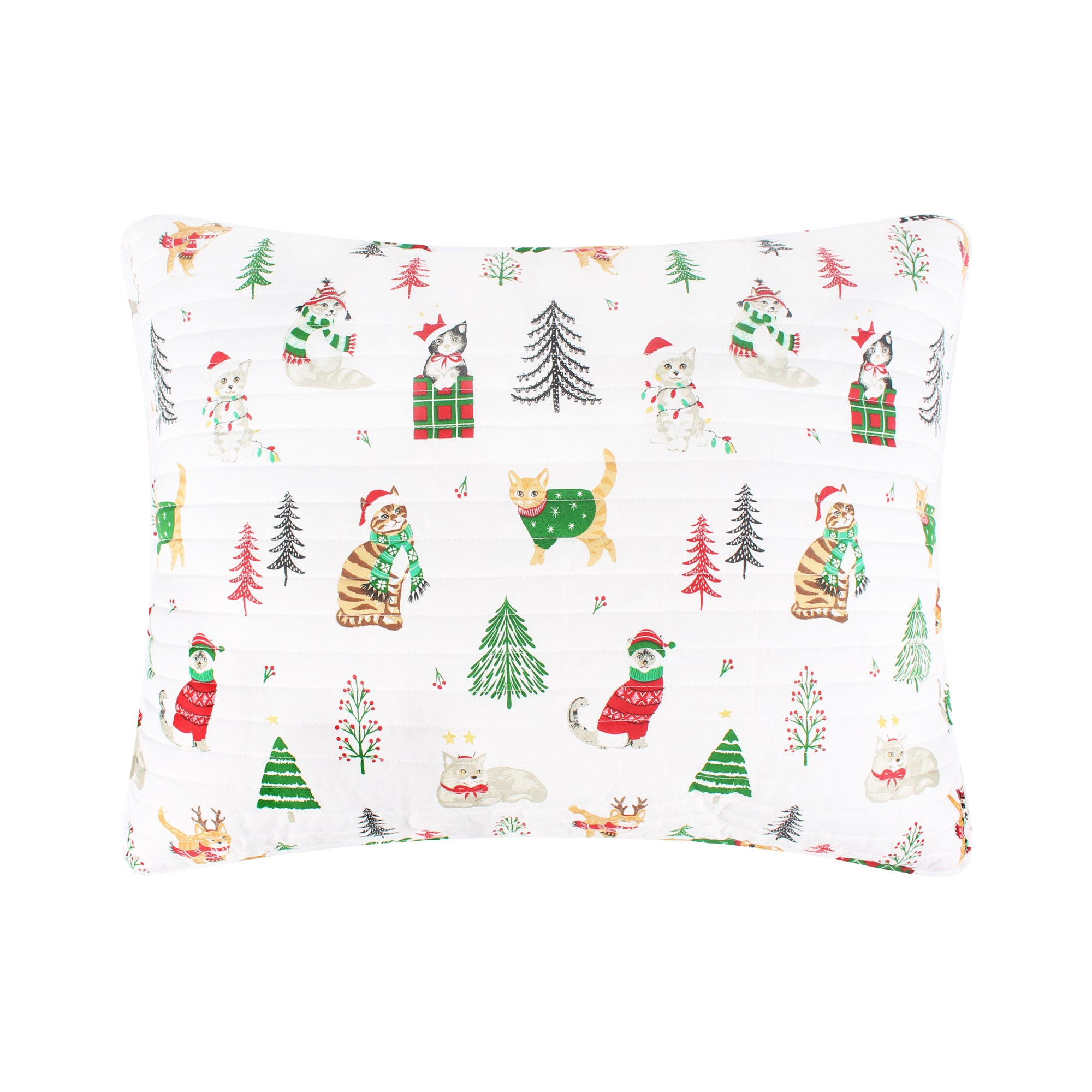 Levtex Home - Meowy Christmas Quilt Set - King Quilt and Two King Shams - Red, Green, Grey and White - Quilt (106x92in.) and Shams (20x36in.) - Reversible - Cotton/Polyester