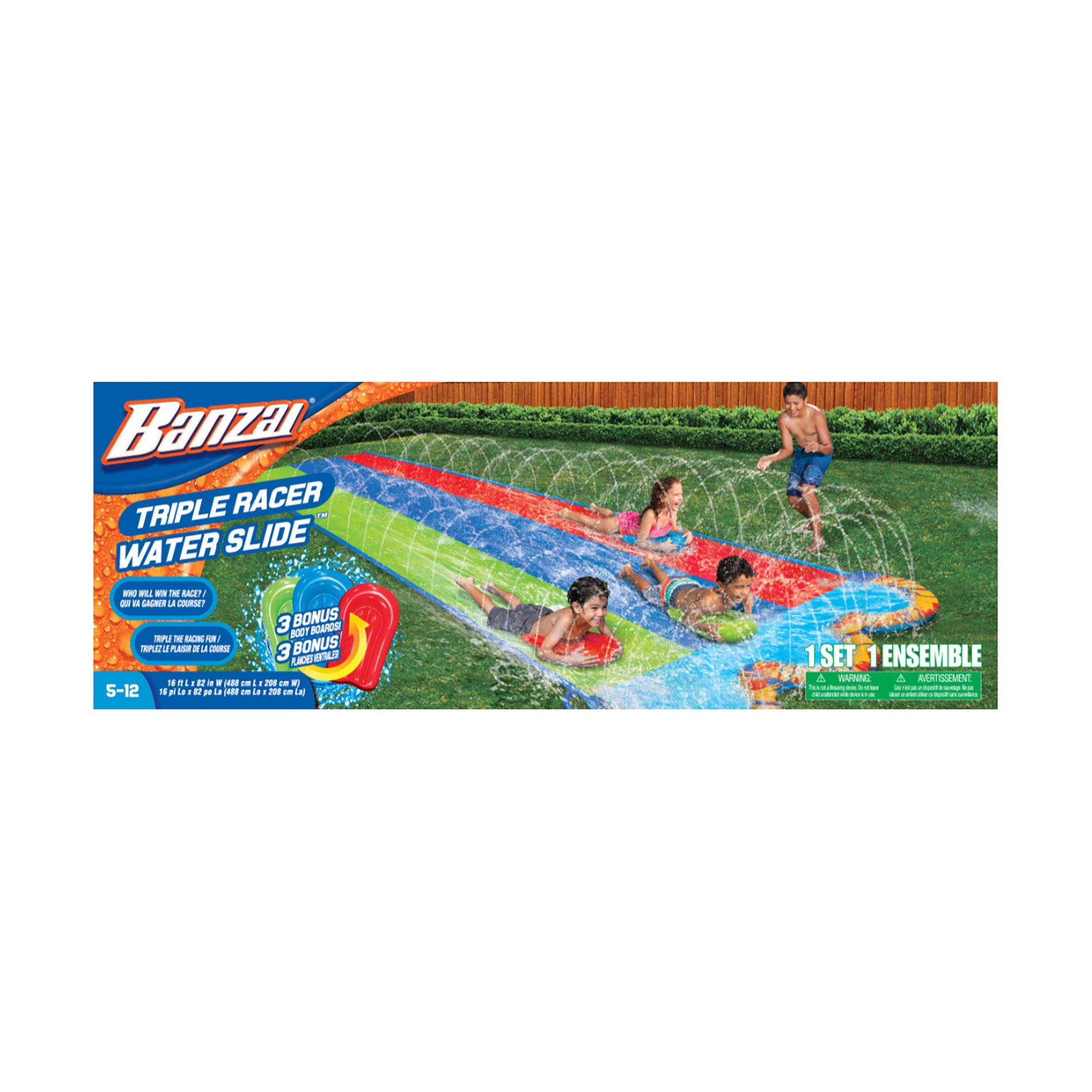 Banzai Triple Racer Inflatable Water Slide with 3 Body Boards, 16 ft x 82 in, Outdoor Use