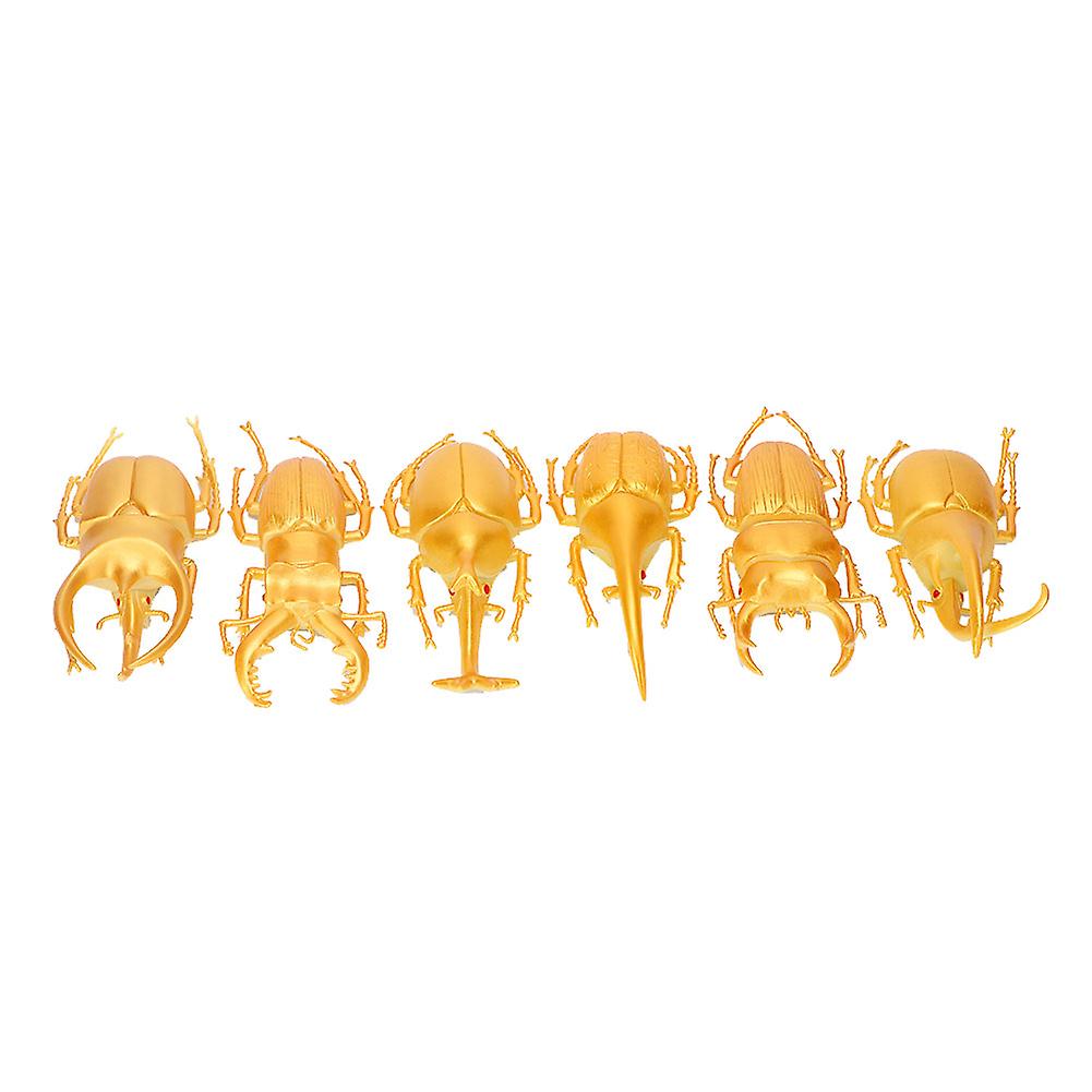 6pcs Simulation Beetle Insect Model Halloween Trick Props Nontoxic Pvc Insect Toy(gold )