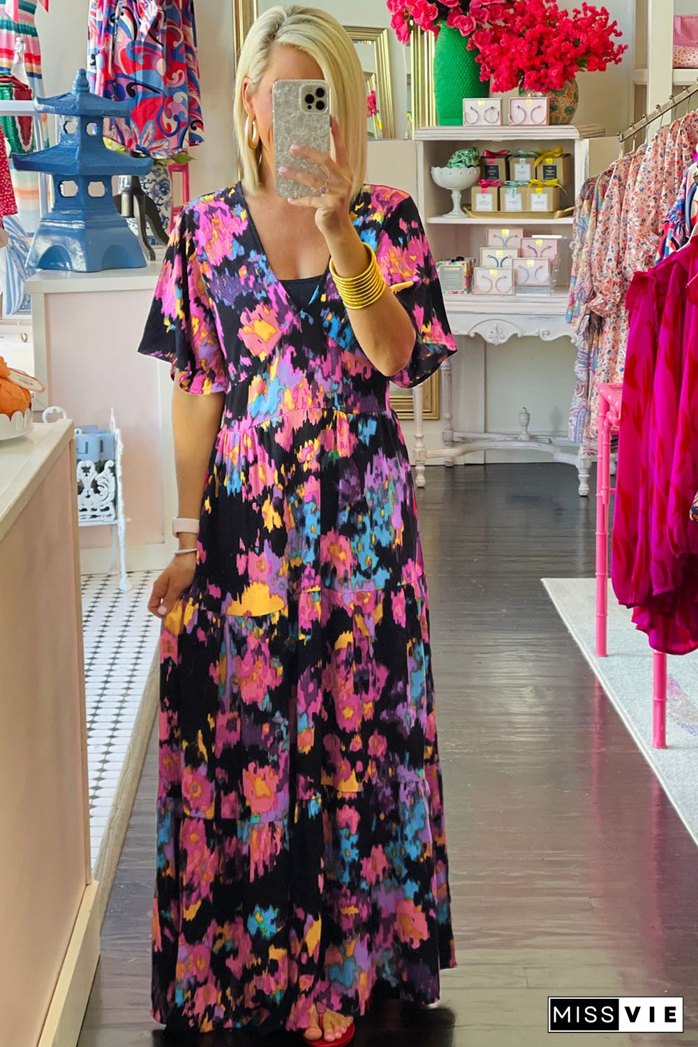 Black Abstract Floral Pattern Flutter Sleeve Tiered Maxi Dress