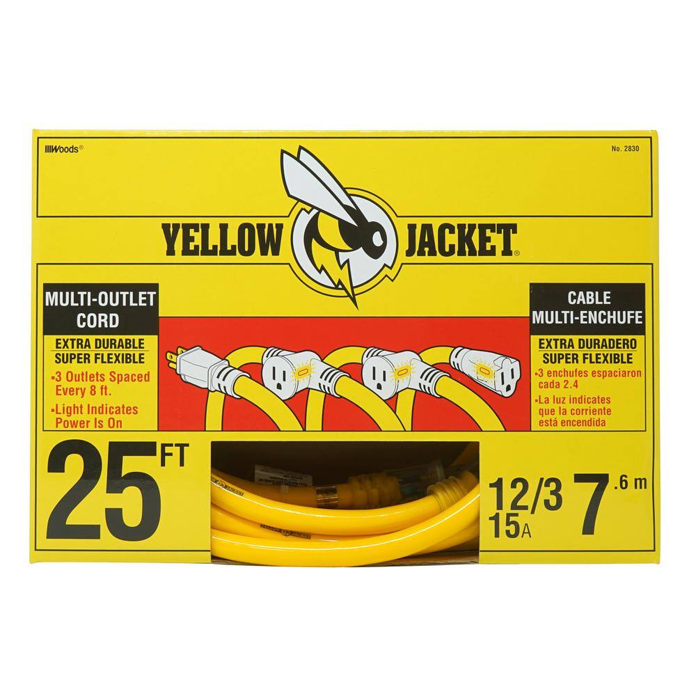 Yellow Jacket 25 ft. 123 STW Multi-Outlet (3) Outdoor Heavy-Duty Extension Cord with Power Light Plug 2830