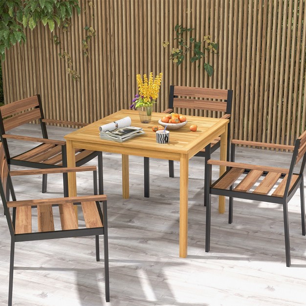 Costway Patio Dining Table Acacia Wood Square Outdoor Bistro With 1 9 x27 x27 Umbrella Hole Yard