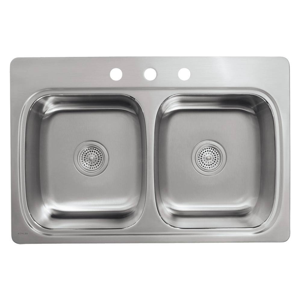 KOHLER Verse Drop-In Stainless Steel 33 in. 3-Hole 5050 Double Bowl Kitchen Sink K-5267-3-NA