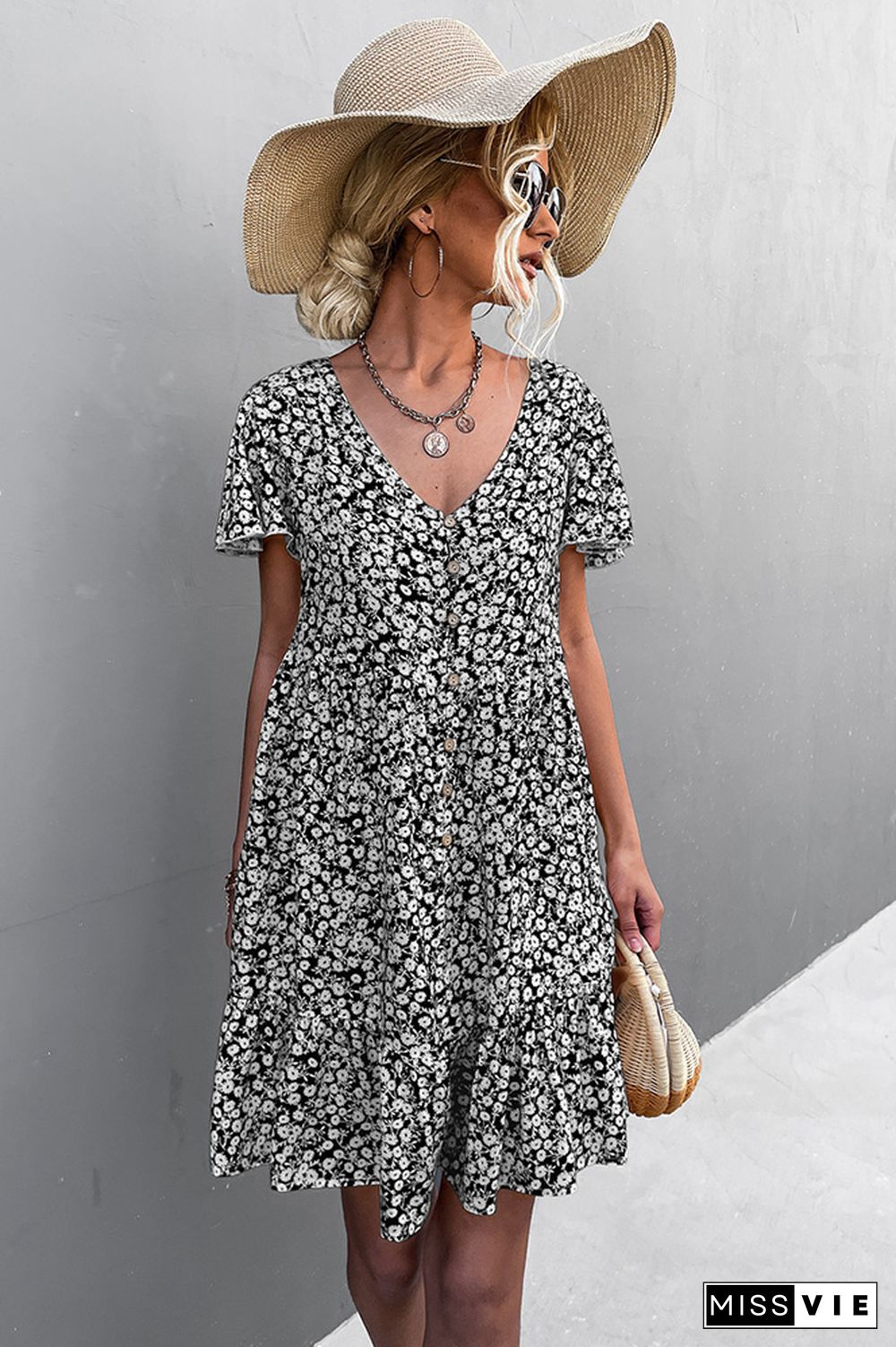 Ruffle Sleeves V Neck Floral Dress Wholesale