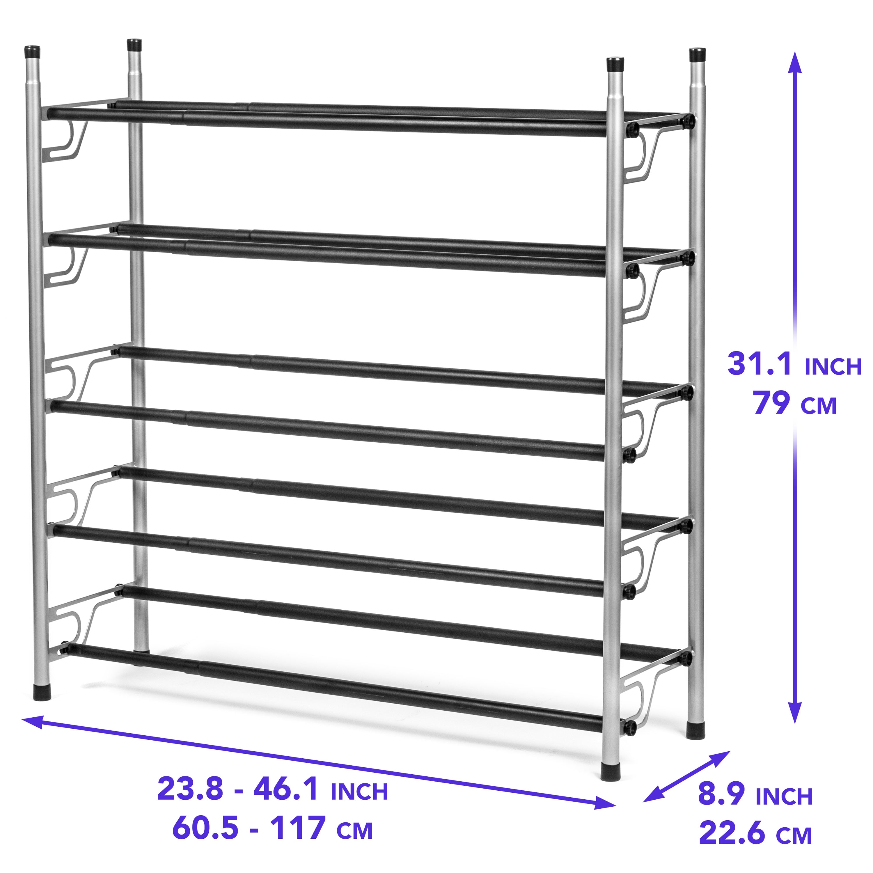 USTECH 5 Tier， Metal Shoe Rack， Expandable and Adjustable， Non Slip Surface， 25 Pairs