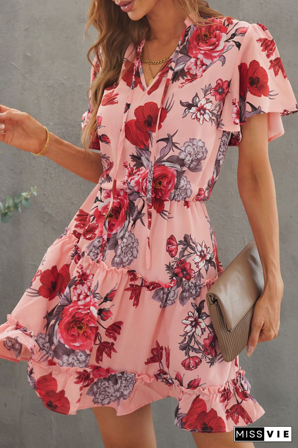 Pink Floral Print Split Neck Flutter Sleeve Flowy Tunic Mini Dress